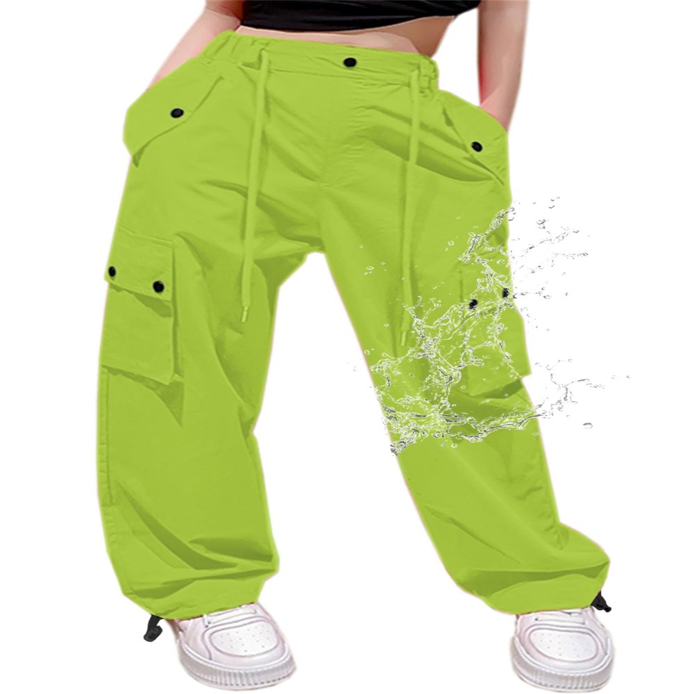 Cromoncent Girls High Waist Parachute Pants Y2K Cargo Trousers with Pockets, Fluorescent Green, 9-10 Years = Tag 150