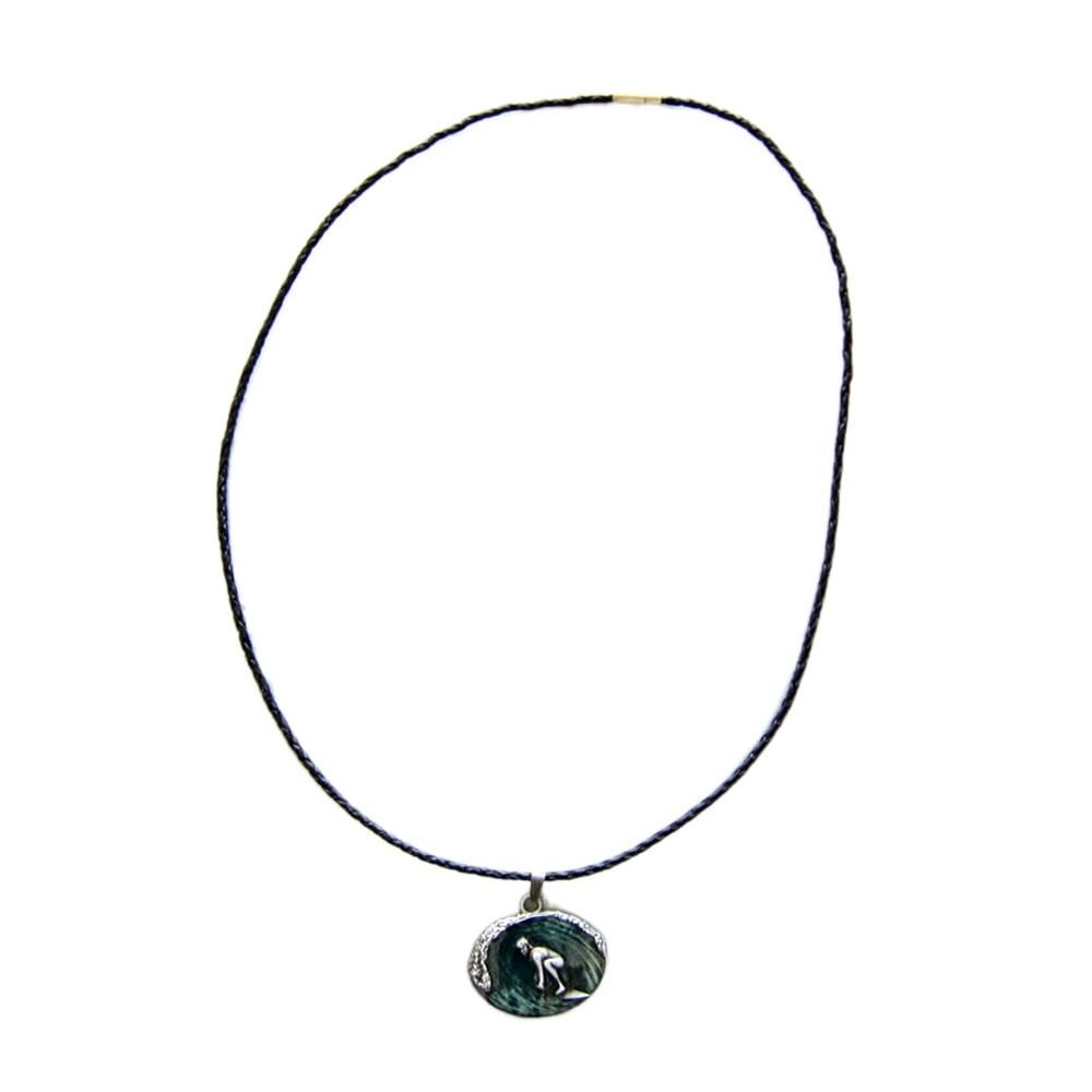 ARTICAL HEART Enamel Surfing Sports Pendant Charm Braided Leather Necklace, Large, Antique Silver