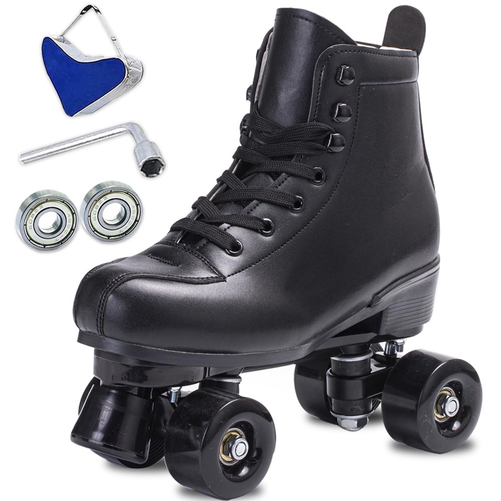 SCNUT Skates Women's Men's High Top Black PU Leather Classic Double Row Adjustable Outdoor Indoor Quad Skates and Roller Derby (Black Wheel, 40-Women's7.5/ Men's 7)