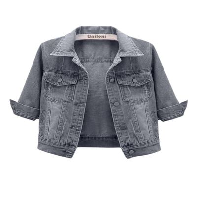 Unilexi Women's 3/4 Sleeve Colored Cropped Denim Jacket Light Wash Short Jean Jacket Trucker Coat(0096-Grey-L)