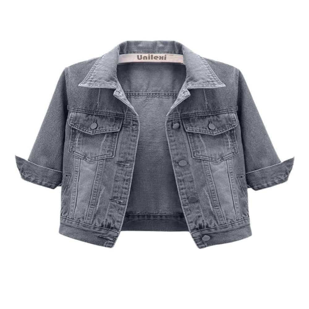 Unilexi Women's 3/4 Sleeve Colored Cropped Denim Jacket Light Wash Short Jean Jacket Trucker Coat(0096-Grey-S)
