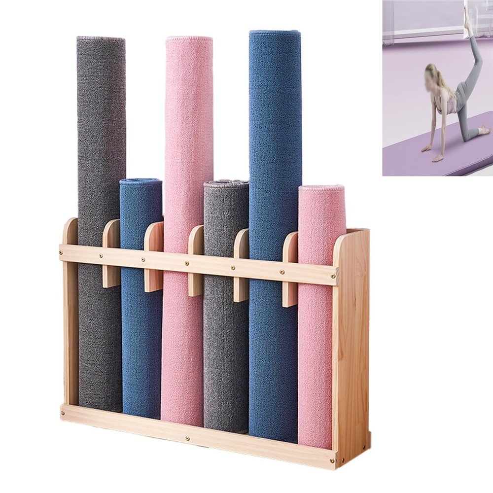 Vibeo Yoga Mat Holder Wood Yoga Mat Rack Floor, Yoga Mat Holder for Home Gym Office Pilates Room Yoga Studio, Exercise Equipment Storage Basket for Foam Roller