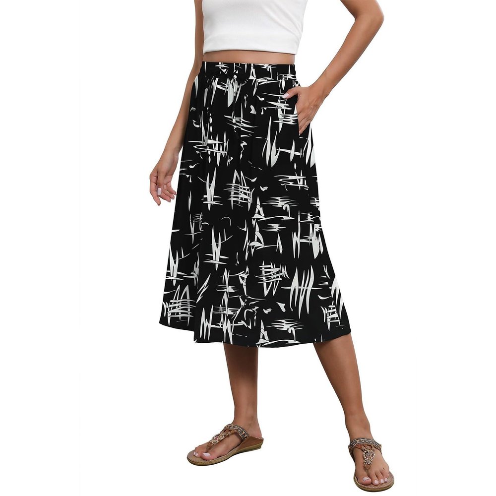 Boho Skirts for Women Summer Casual Flowy Floral Midi Skirts with Pockets Lightweight Loose Comfy Y2k Skirts Drawstring High Waisted A-Line Skirts Work Skirts for Women Office Hawaiian Skirts