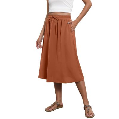 Boho Women's Trendy Summer Flowy High Waist Midi Skirts with Pockets - Lightweight, Loose, Y2k Beach A-Line Drawstring High Waisted Skirts for Work & Office - Bohemian