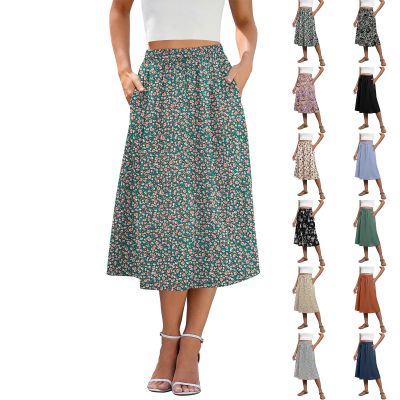 Boho Women's Summer Floral Midi Skirts with Pockets - Lightweight, Loose, High Waisted A-Line Skirts for Work & Beach