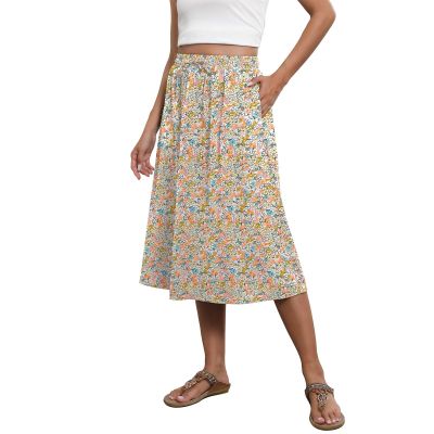 Boho Skirts for Women Trendy Summer Flowy Floral Midi Skirts with Pockets Lightweight Loose Comfy Y2k Skirts Drawstring High Waisted A-Line Skirts for Women Midi Length Wrap Skirt Bohemian Skirts