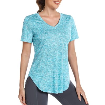 Alovien Short Sleeve Workout Shirts Women Loose Fit, V-Neck Women Exercise T-Shirt Workout Top, Dry Fit Yoga Gym Sport Tops, Bright Blue,S Mint Green
