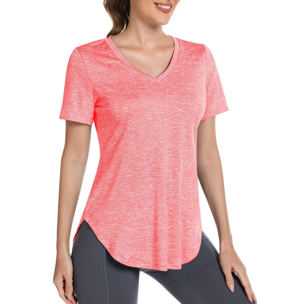 Alovien Short Sleeve Workout Shirts Women Loose Fit, V-Neck Women Exercise T-Shirt Workout Top, Dry Fit Yoga Gym Sport Tops, Cherry Red,M