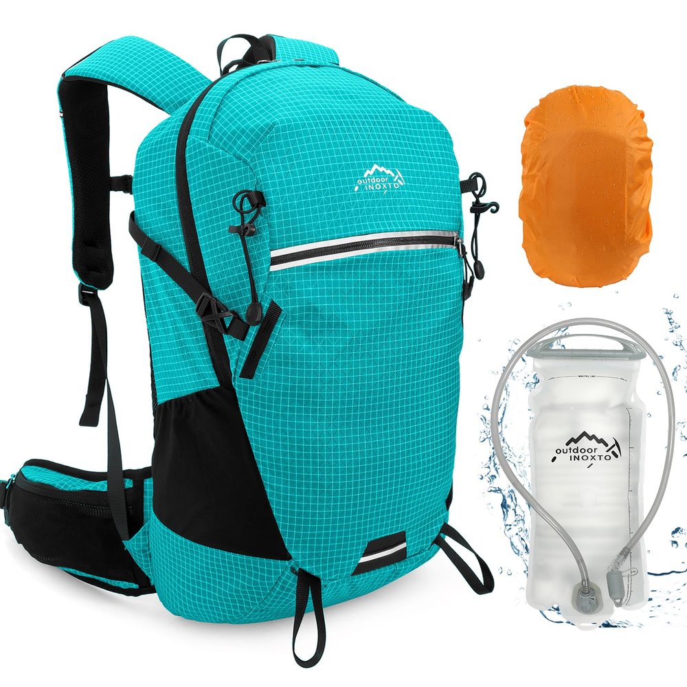IX INOXTO Hydration Backpack, 25L Hiking Backpack with 3L Water Bladder and Rain Cover, Hiking Water Backpack Men Women Lightweight Hydration Pack for Hiking, Cycling, Climbing, Camping (Cyan), Black