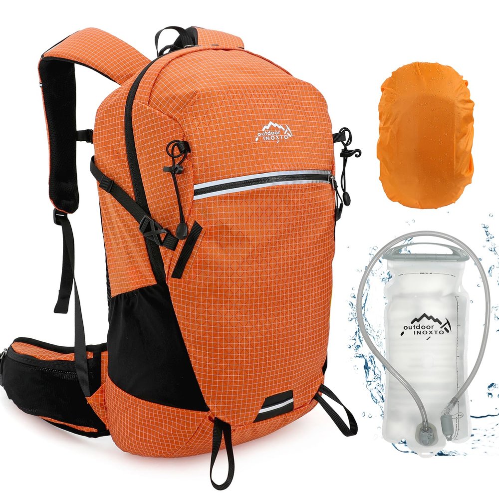 IX INOXTO Hydration Pack, 25L Hiking Backpack with 3L Water Bladder and Rain Cover, Lightweight Hydration Pack for Hiking, Cycling, Climbing, Camping (Orange)