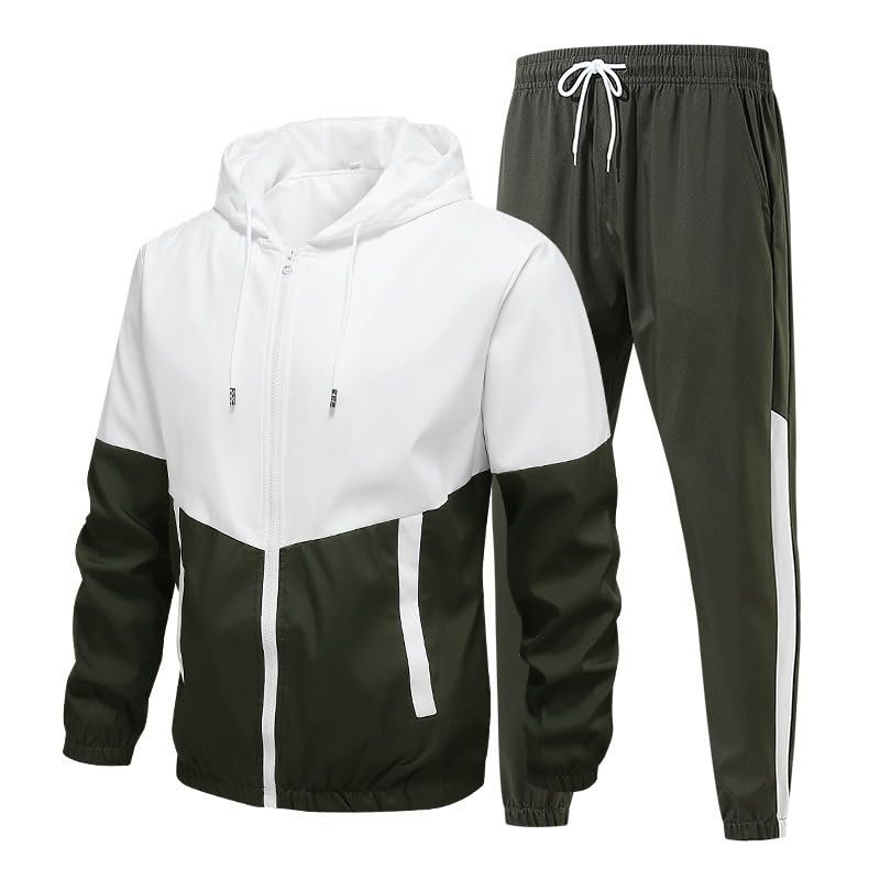 LUORUAN Men's Retro Windbreaker Tracksuits Set Long Sleeve Full Zip Running Sports Sweatsuit Color Block 2 Piece Outfits Army Green
