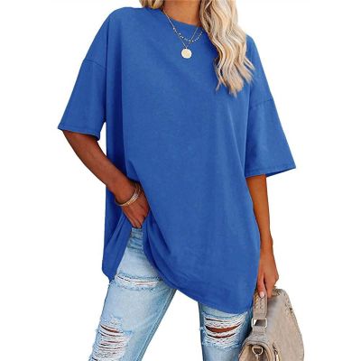 Womens Loose Fit Tshirts Short Sleeve Round Neck Basic Solid Tunic Tops Casual Workout Yoga Blouse T Shirts Tops (Large,Blue)