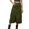 Women's Casual Denim Midi Skirt Button Up Stretch High Waist Frayed Hem Slit Jean A-Line Skirts Summer Denim Skirts, Large, A02_Army Green view 1