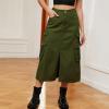 Women's Casual Denim Midi Skirt Button Up Stretch High Waist Frayed Hem Slit Jean A-Line Skirts Summer Denim Skirts, Large, A02_Army Green view 2