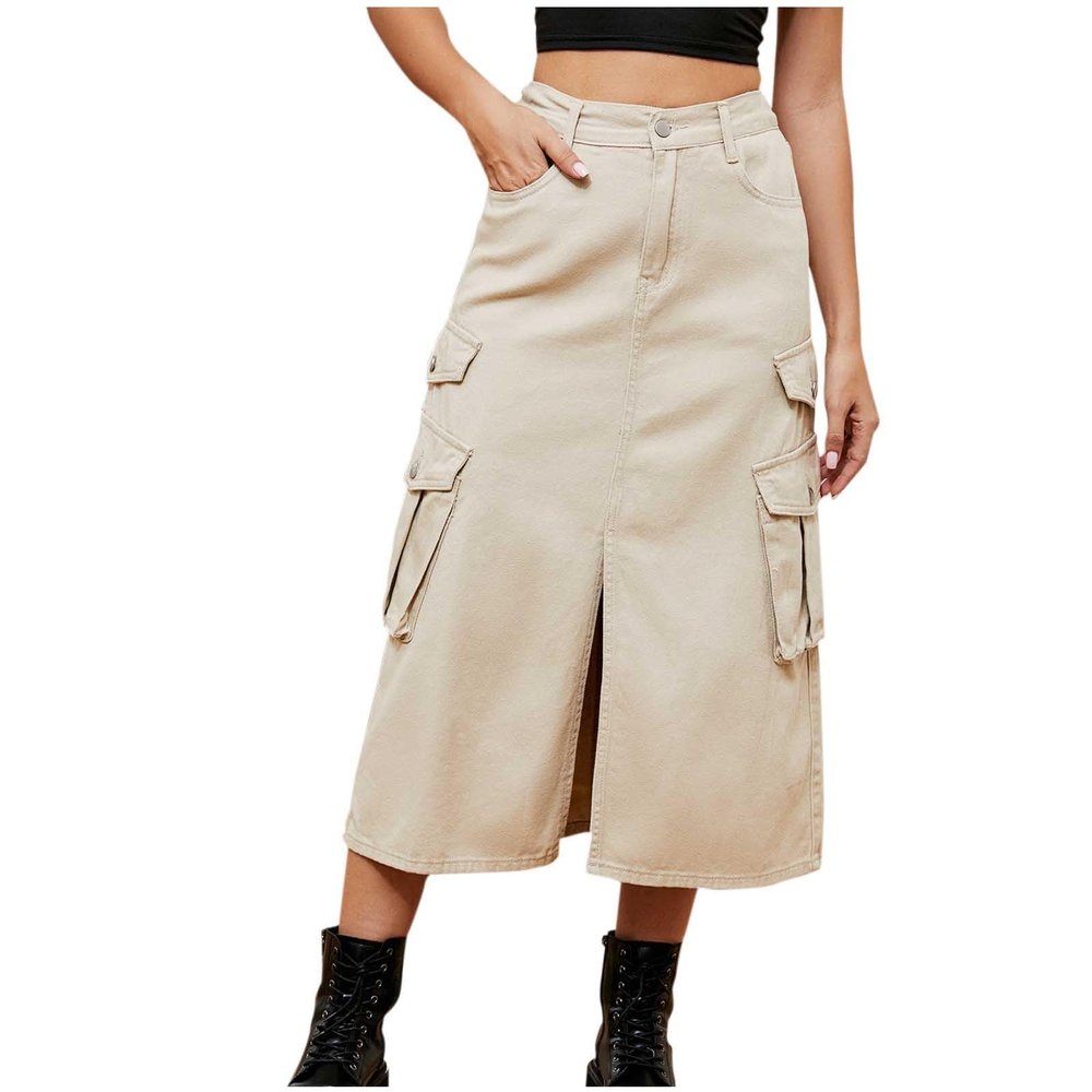 Generic amaon Essential Women's Casual Denim Midi Skirt Button Up Stretch High Waist Frayed Hem Slit Jean A-Line Skirts Summer Denim Skirts, XX-Large, A02_khaki