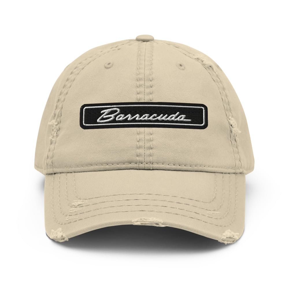 1971-1974 Barrcuda Script Muscle Car Enthusiasts Distressed Dad hat for Classic Car Owners Drivers Cuda Cap Khaki