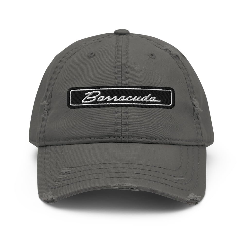 1971-1974 Barrcuda Script Muscle Car Enthusiasts Distressed Dad hat for Classic Car Owners Drivers Cuda Cap Charcoal Grey