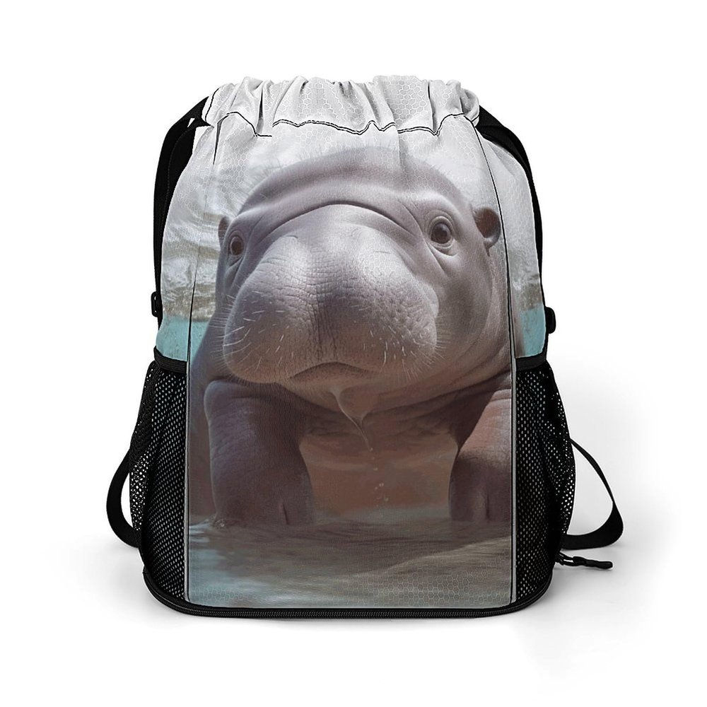 NHYDSPQ Sports Belt Pocket,Cute Hippo Drawstring Backpack,drawstring Bag,travel Drawstring Backpack with Side Pocket, 45.5x41.5x36cm, Style