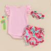 AMIMOJY prime shopping online Girls Sunflower Baby Clothes Summer Dresses Cotton Ruffle Short Sleeve Tops Floral Prints Bow Shorts Cute Outfit Set newborn girl winter clothes set, 6-12 Months, 07-red view 3