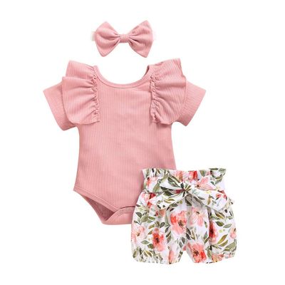AMIMOJY todays daily deals Girls Sunflower Baby Clothes Summer Dresses Cotton Ruffle Short Sleeve Tops Floral Prints Bow Shorts Cute Outfit Set 12 month girl clothes fall, 0-6 Months, 03-pink