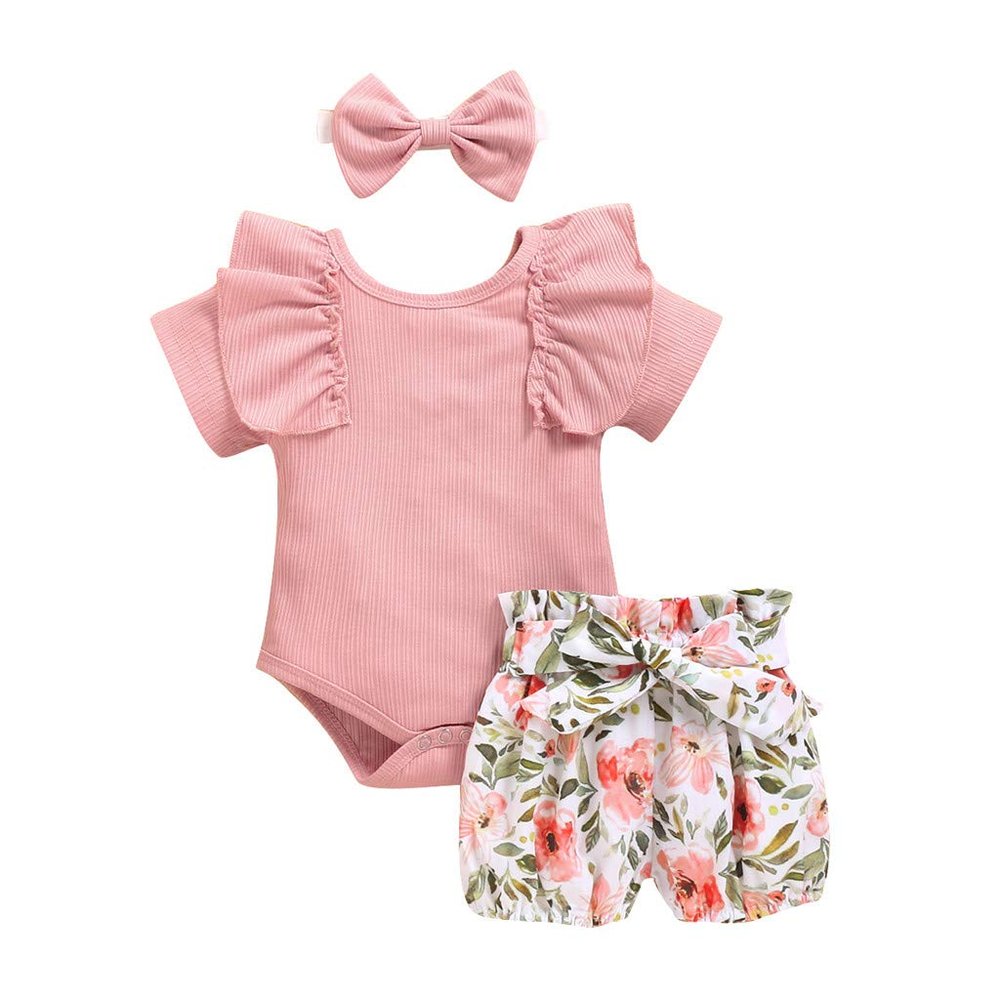 AMIMOJY todays daily deals Girls Sunflower Baby Clothes Summer Dresses Cotton Ruffle Short Sleeve Tops Floral Prints Bow Shorts Cute Outfit Set 12 month girl clothes fall, 0-6 Months, 03-pink