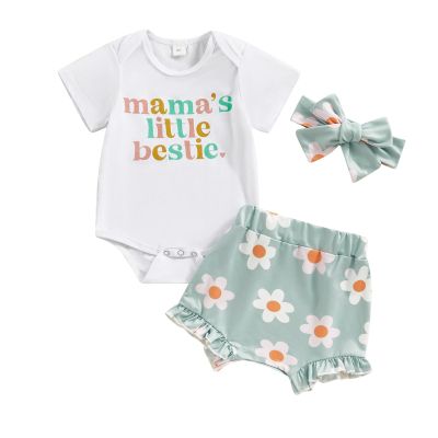 AMIMOJY today's deals Girls Sunflower Baby Clothes Summer Dresses Cotton Ruffle Short Sleeve Tops Floral Prints Bow Shorts Cute Outfit Set 24months-2t baby girl clothes, 06-white