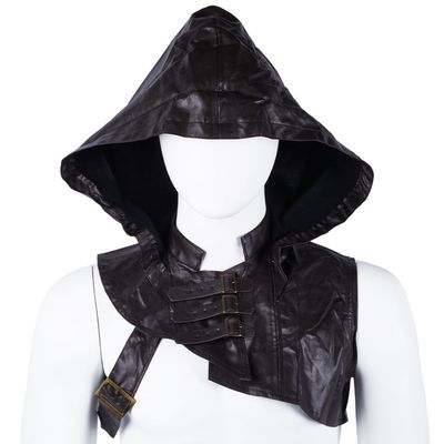 GORGECRAFT Leather Cowl Hood Medieval Short Hooded Cloak Cape Vintage Unisex Adjustable Buckle Straps Shoulder Guards Hat Gothic Cape Shawl for Halloween Christmas Cosplay Costume, Coconut Brown