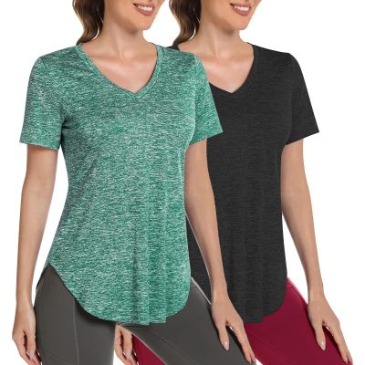 Alovien Short Sleeve Workout Shirts Women Loose Fit, V-Neck Women Exercise T-Shirt Workout Top, Dry Fit Yoga Gym Sport Tops, Black & Green,M
