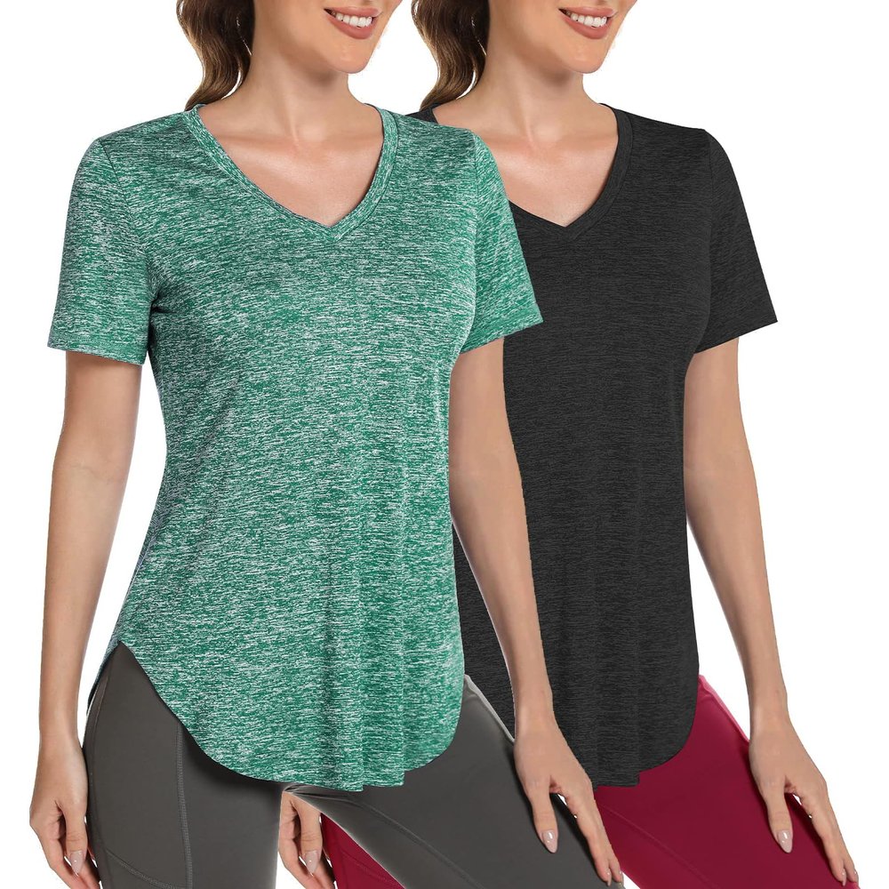 Alovien Short Sleeve Workout Shirts Women Loose Fit, V-Neck Women Exercise T-Shirt Workout Top, Dry Fit Yoga Gym Sport Tops, Black & Green,M