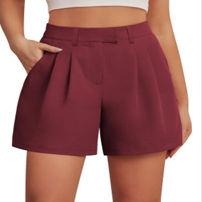 Feiersi Womens Casual Elastic Waist Wide Leg Suit Tailored Shorts Summer Dressy Work Shorts with Pockets(Wine Red,X-Large)