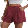 Feiersi Womens Casual Elastic Waist Wide Leg Suit Tailored Shorts Summer Dressy Work Shorts with Pockets(Wine Red,X-Large) view 2