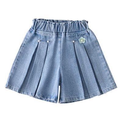 NineFit Basics Girls Flower Decoration Ruffle Hem Denim Pleated Flared Shorts Casual Flowy Skirted Shorts Bike Shorts (Blue, 3-4 Years)