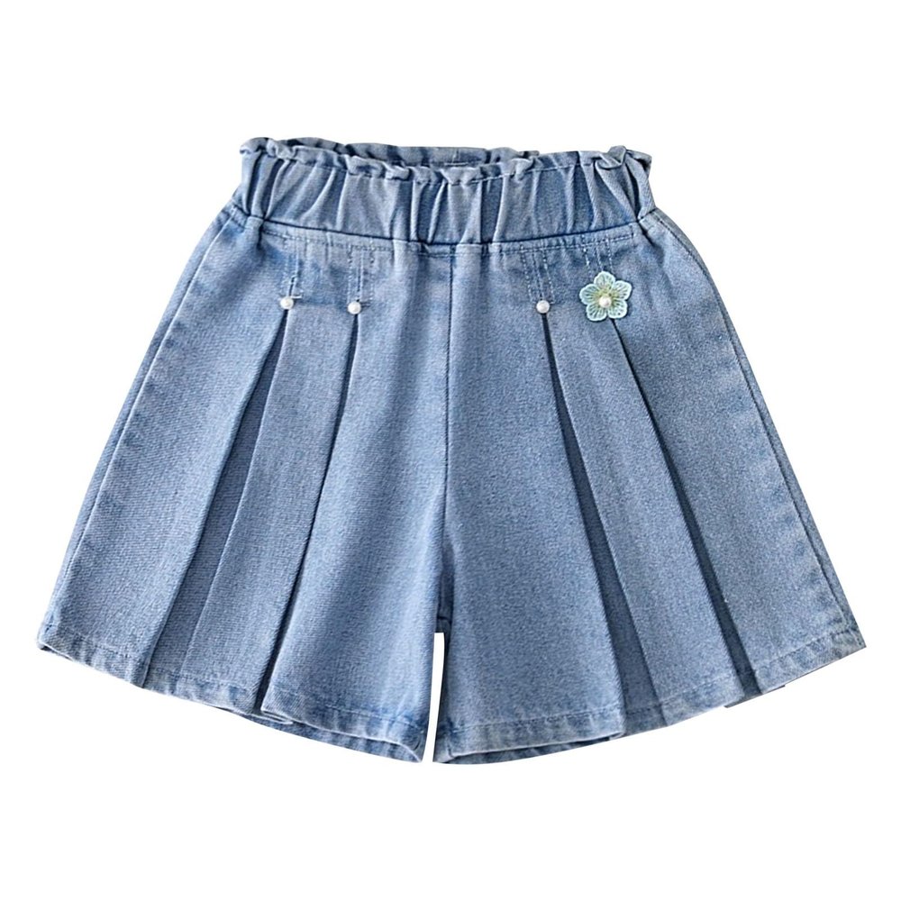 NineFit Basics Girls Flower Decoration Ruffle Hem Denim Pleated Flared Shorts Casual Flowy Skirted Shorts Bike Shorts (Blue, 3-4 Years)
