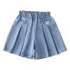 NineFit Basics Girls Flower Decoration Ruffle Hem Denim Pleated Flared Shorts Casual Flowy Skirted Shorts Bike Shorts (Blue, 3-4 Years) view 1
