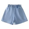 NineFit Basics Girls Flower Decoration Ruffle Hem Denim Pleated Flared Shorts Casual Flowy Skirted Shorts Bike Shorts (Blue, 3-4 Years) view 2