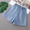 NineFit Basics Girls Flower Decoration Ruffle Hem Denim Pleated Flared Shorts Casual Flowy Skirted Shorts Bike Shorts (Blue, 3-4 Years) view 3