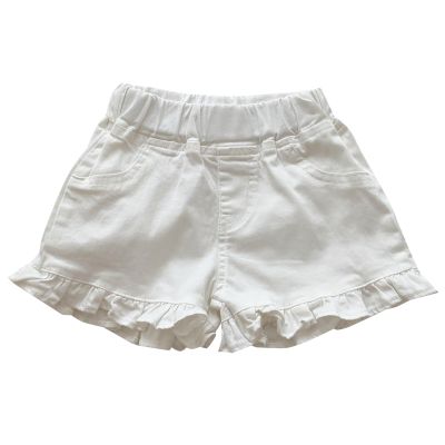 Girls Solid Color Elastic Waistband Ruffle Hem Denim Flared Shorts Summer Beach Wear Kids Summer (White, 4-5 Years)
