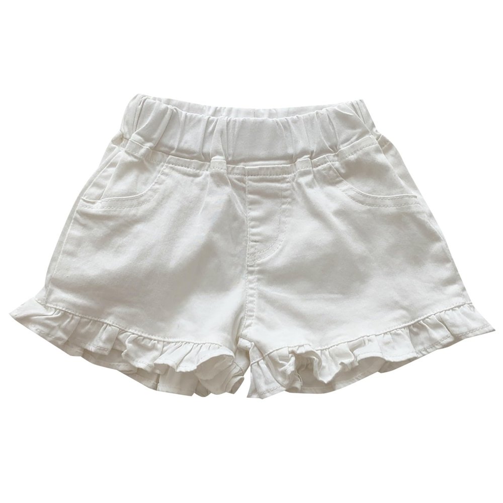 Girls Solid Color Elastic Waistband Ruffle Hem Denim Flared Shorts Summer Beach Wear Kids Summer (White, 4-5 Years)