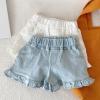 Girls Solid Color Elastic Waistband Ruffle Hem Denim Flared Shorts Summer Beach Wear Kids Summer (White, 4-5 Years) view 2