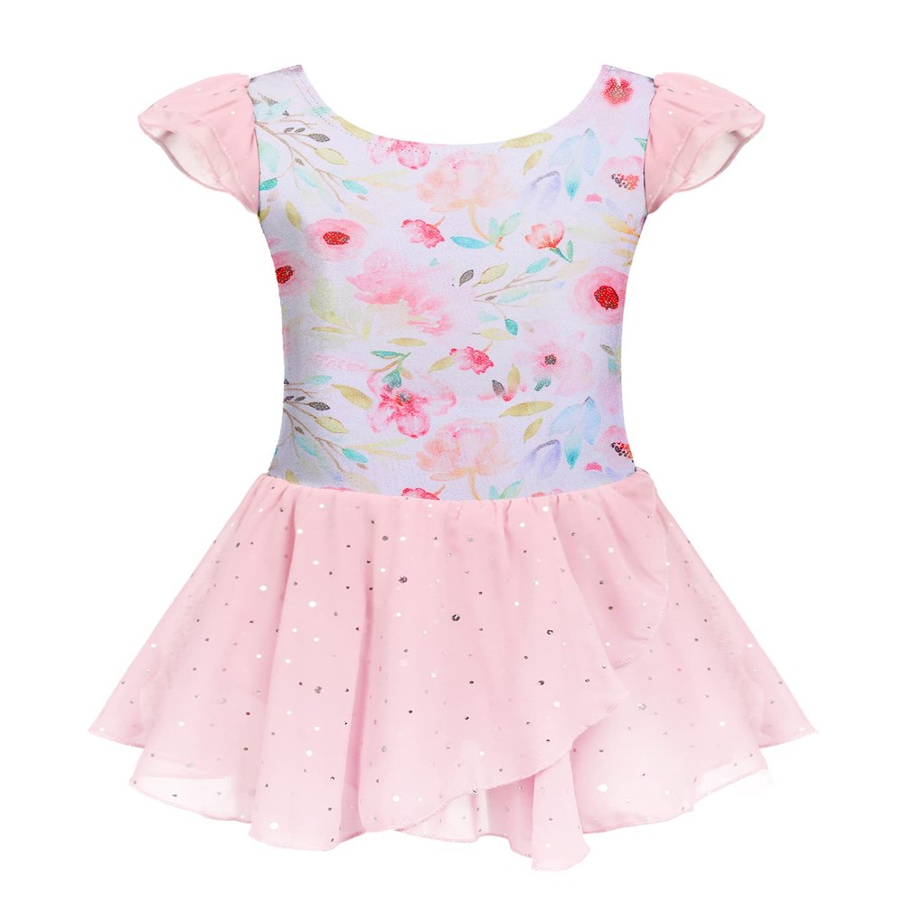 Arshiner Gymnastics Leotards for Girls 3t Toddler Flutter Sleeve Ballet Leotard with Shinny Skirts Pink Floral 2-3T