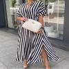 chouyatou Women's Casual Short Sleeve V Neck Striped Dresses Loose Maxi Shirt Dress with Side Slit (Small,Black Stripe) view 3
