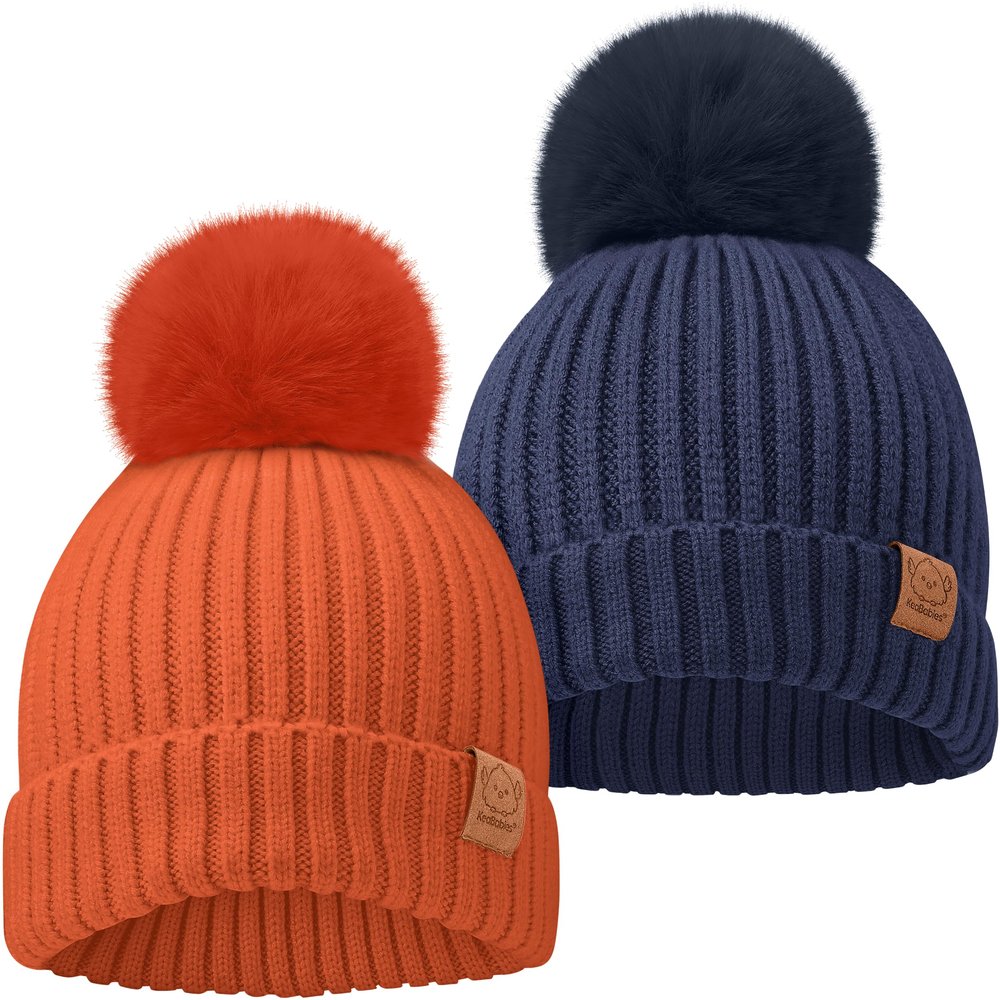 2-Pack Baby Hats for Girls, Boys - Stretchy Baby Beanies, Cute Newborn & Toddler Winter Hat, Soft & Warm Pom Pom Beanie for Infant, Toddler, Boys, Girls 6-36 Months (Ember, M)