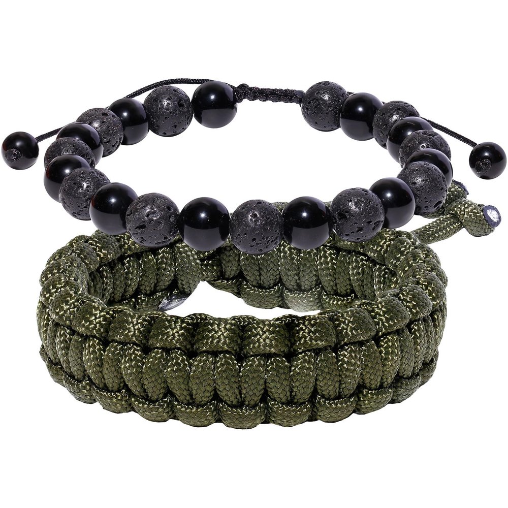 Lightock 2Pcs Obsidian/Lava Stone Beaded Bracelets for Women Handmade Survival Paracord Bracelets Outdoor Relaxation Gifts (Army Green)