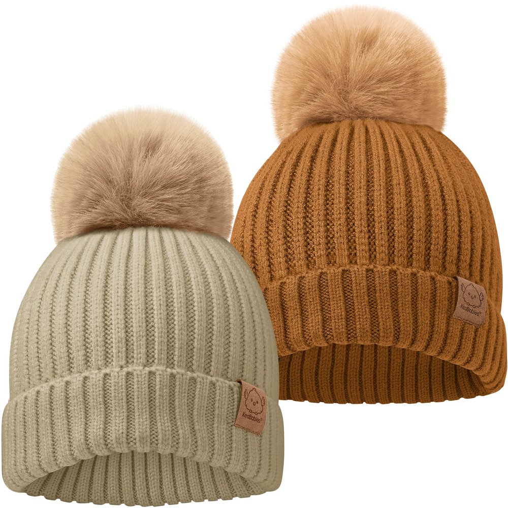 KeaBabies 2-Pack Baby Hats for Girls, Boys - Stretchy Baby Beanies, Cute Newborn & Toddler Winter Hat, Soft & Warm Pom Pom Beanie for Infant, Toddler, Boys, Girls 6-36 Months (Latte, M)