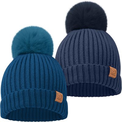 2-Pack Baby Hats for Girls, Boys - Stretchy Baby Beanies, Cute Newborn & Toddler Winter Hat, Soft & Warm Pom Pom Beanie for Infant, Toddler, Boys, Girls 6-36 Months (Cobalt, M)
