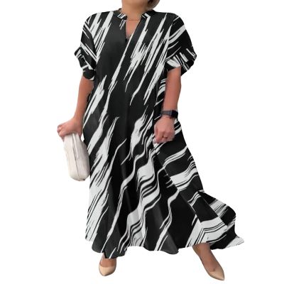 chouyatou Women's Casual Short Sleeve V Neck Striped Dresses Loose Maxi Shirt Dress with Side Slit (Medium,Black White)