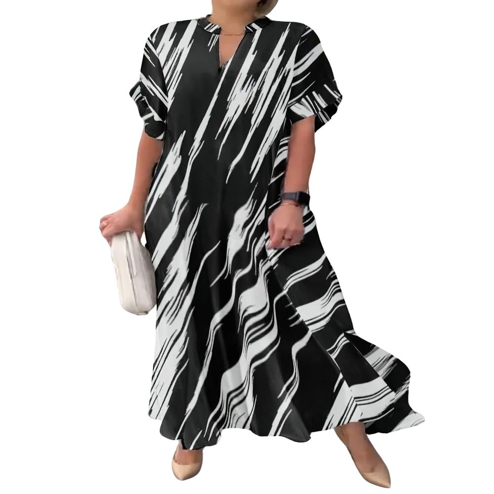 chouyatou Women's Casual Short Sleeve V Neck Striped Dresses Loose Maxi Shirt Dress with Side Slit (Medium,Black White)