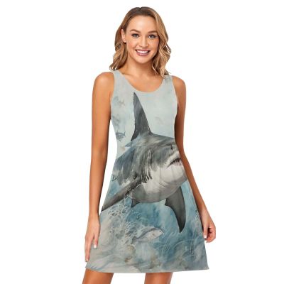 ALAZA Shark Flying Women Summer Dresses Casual Sleeveless Sundress with Pockets Tank Dress S Multicoloured