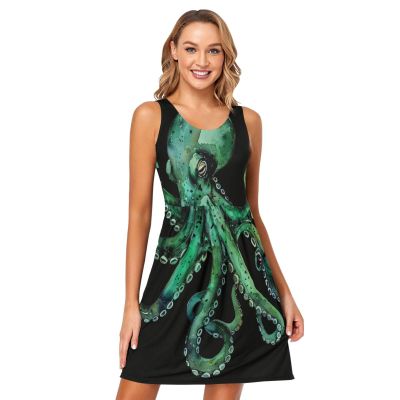 ALAZA Watercolor Green Kraken Black Women Summer Dresses Casual Sleeveless Sundress with Pockets Tank Dress XL