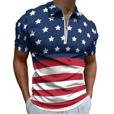 DPAINTouscap Patriotic American Flag Men's Short Sleeve Zipper Polo Shirt Casual Golf Shirts, X-Large, Style-14